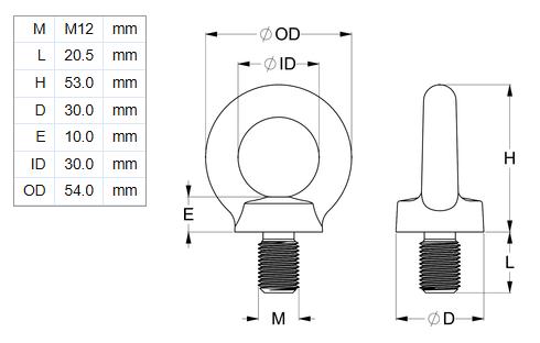 Stainless Steel Lifting Eye M12 - each
