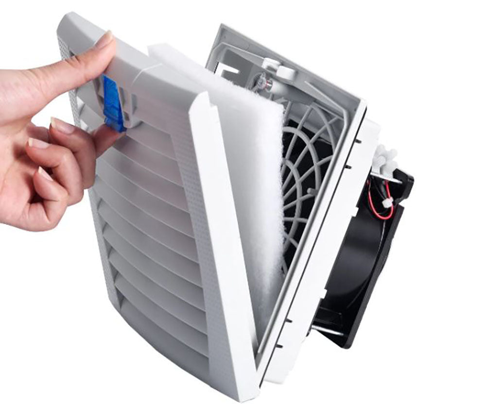 Filter with Fan (148Hx148W, with 124Hx124W cut-out), 230-240V AC with LED, 65m3/h, RAL7035, IP54